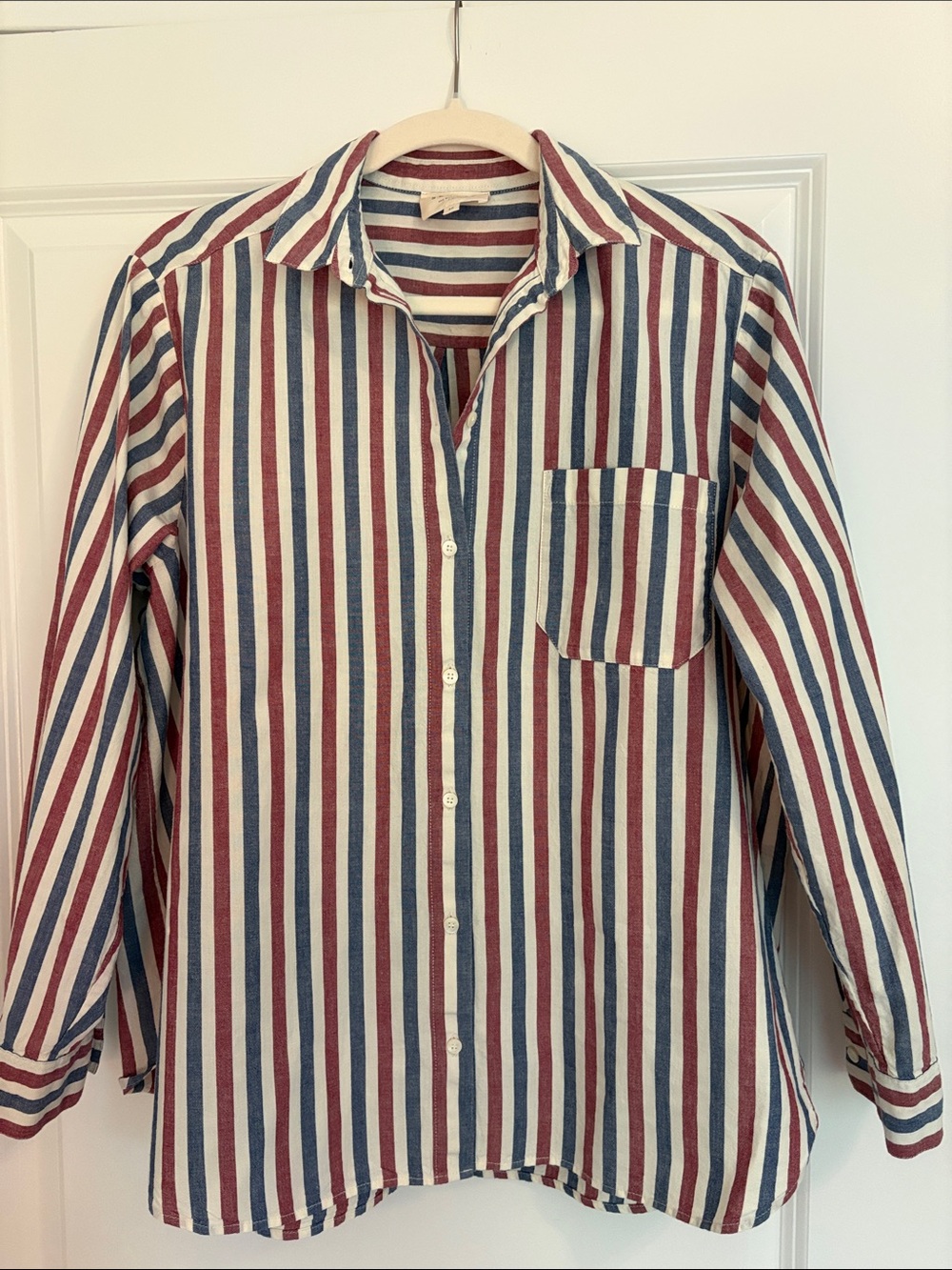 Sezane Max- Striped Button-Up Shirt in Red, Blue & Cream